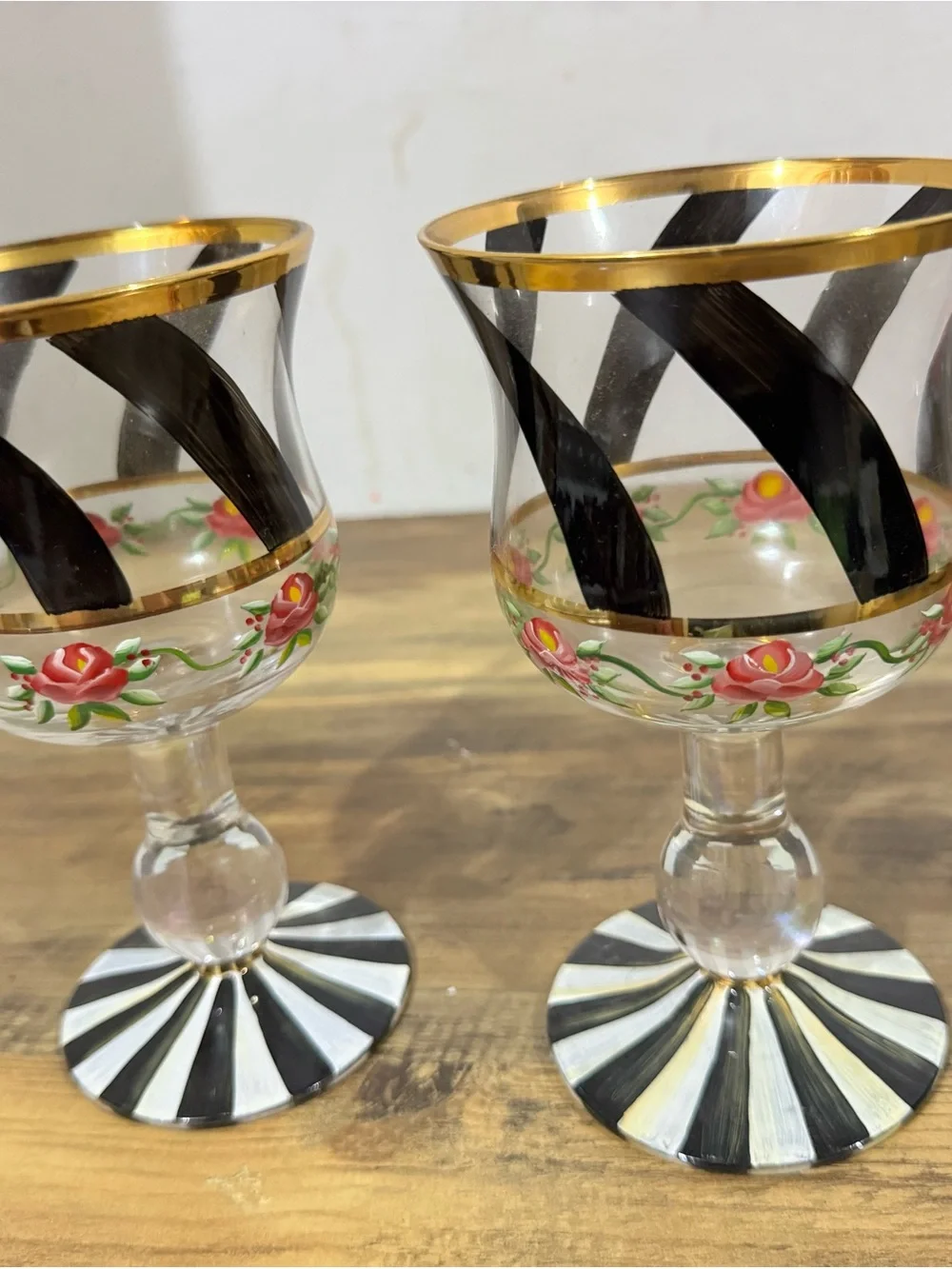 MacKenzie-Childs Black & White Striped Wine Glasses with Pink Rose Motif